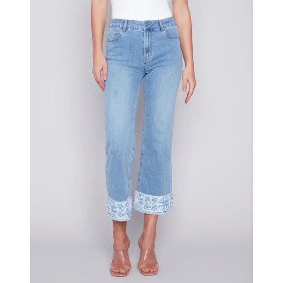 Charlie B Crochet Lace Hem Jeans Women 10 Blue Boho Wide Leg Crop C5496-431A
